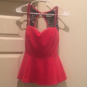 Red top with black lace and built in bra padding